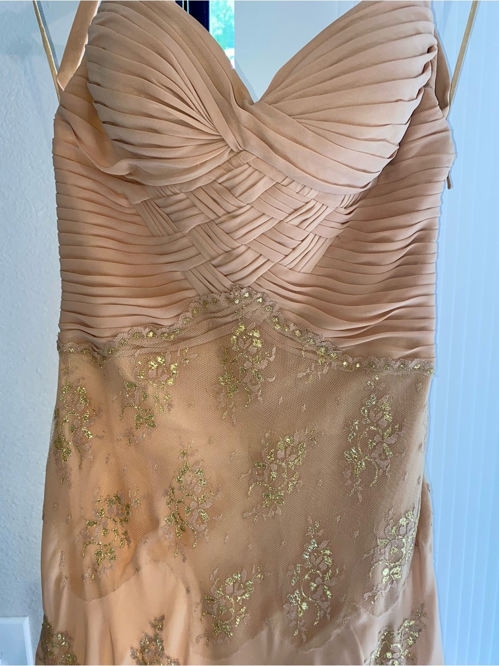 Faviana Blush Pink Strapless Pleated Gown with Gold Embellishment